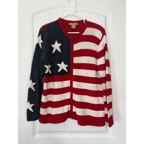Sweaters - Mountain Lake Americana Flag Zip-Up Knit Cardigan Vintage 90s Patriotic 4th July